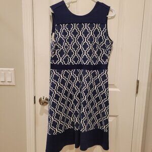 Lands End Fit and Flare Geometric Stretch Navy and White Dress, Size 10P